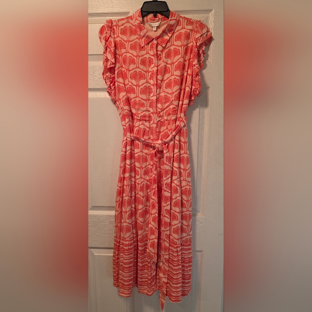 crown & ivy Coral and Cream Geometric Print Shirt Dress